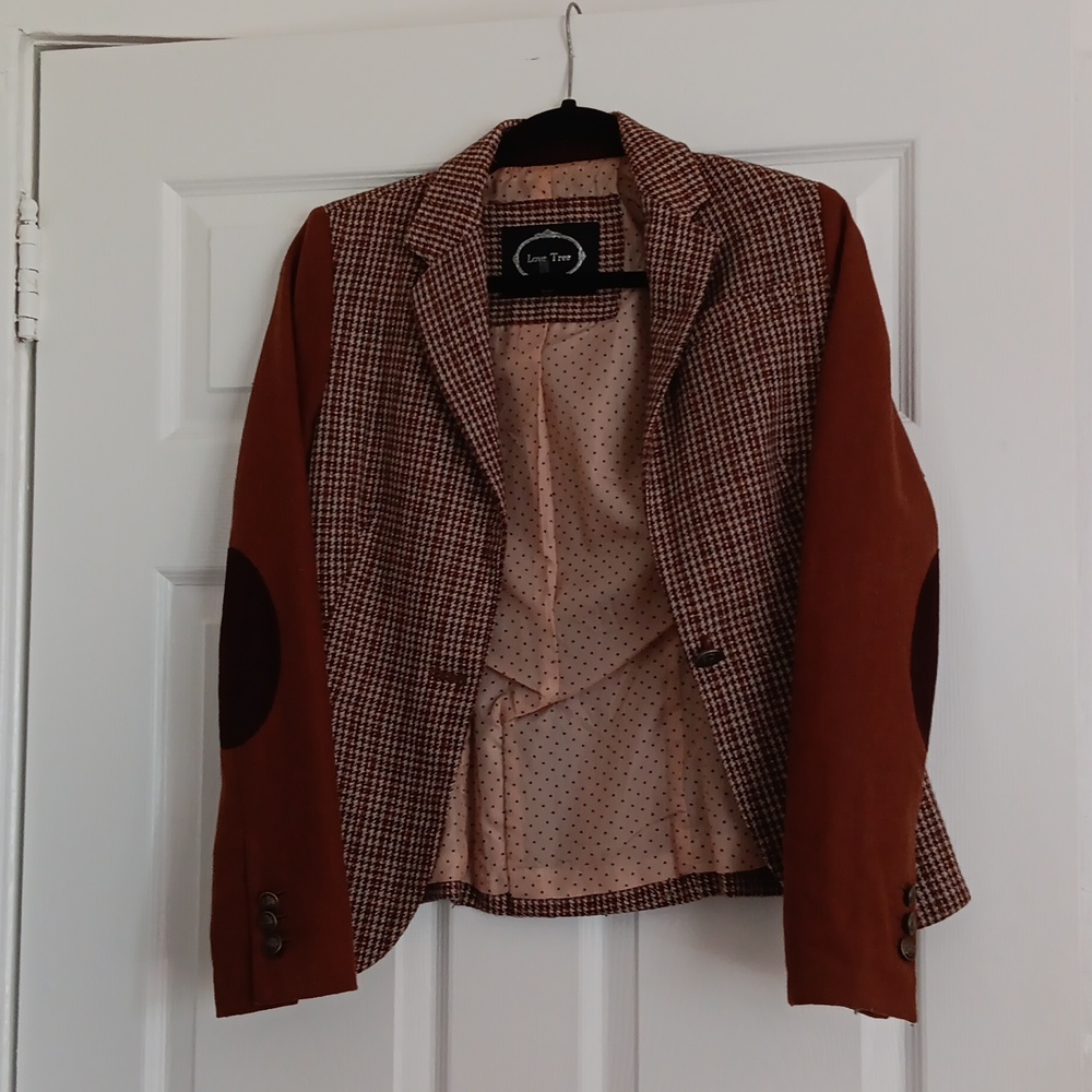 Love Tree brown hounds tooth plaid elbow patch woolen blazer